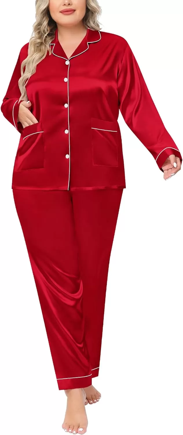 imageSWOMOG Women Plus Size Long Sleeve Pajamas Silk Satin Pajama Sets Button Down Sleepwear Pjs Loungewear with PocketsRed