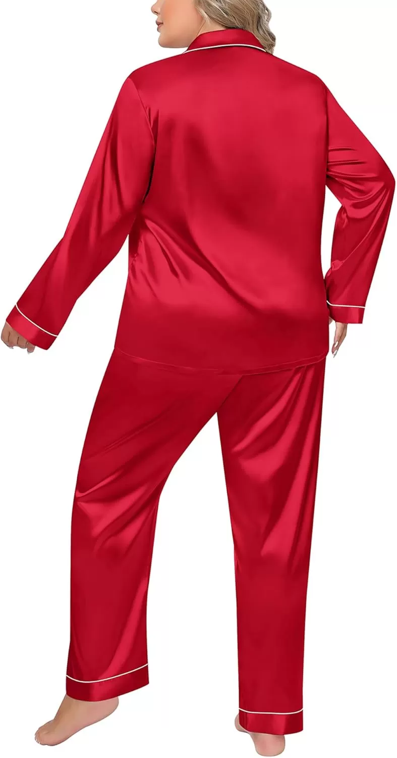 imageSWOMOG Women Plus Size Long Sleeve Pajamas Silk Satin Pajama Sets Button Down Sleepwear Pjs Loungewear with PocketsRed Apple