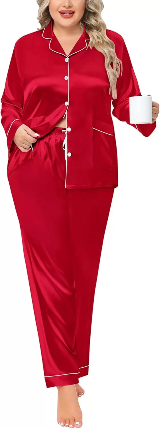 imageSWOMOG Women Plus Size Long Sleeve Pajamas Silk Satin Pajama Sets Button Down Sleepwear Pjs Loungewear with PocketsRed Apple