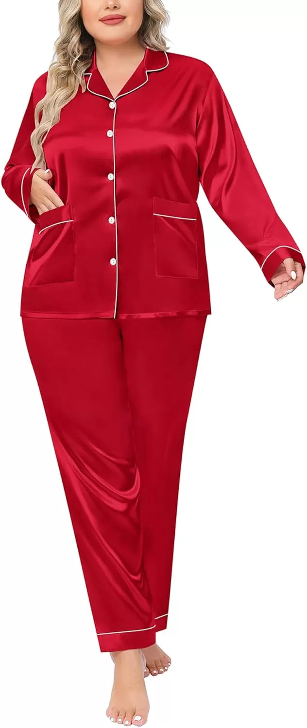imageSWOMOG Women Plus Size Long Sleeve Pajamas Silk Satin Pajama Sets Button Down Sleepwear Pjs Loungewear with PocketsRed Apple