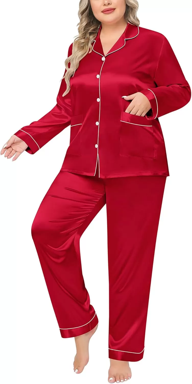 imageSWOMOG Women Plus Size Long Sleeve Pajamas Silk Satin Pajama Sets Button Down Sleepwear Pjs Loungewear with PocketsRed Apple