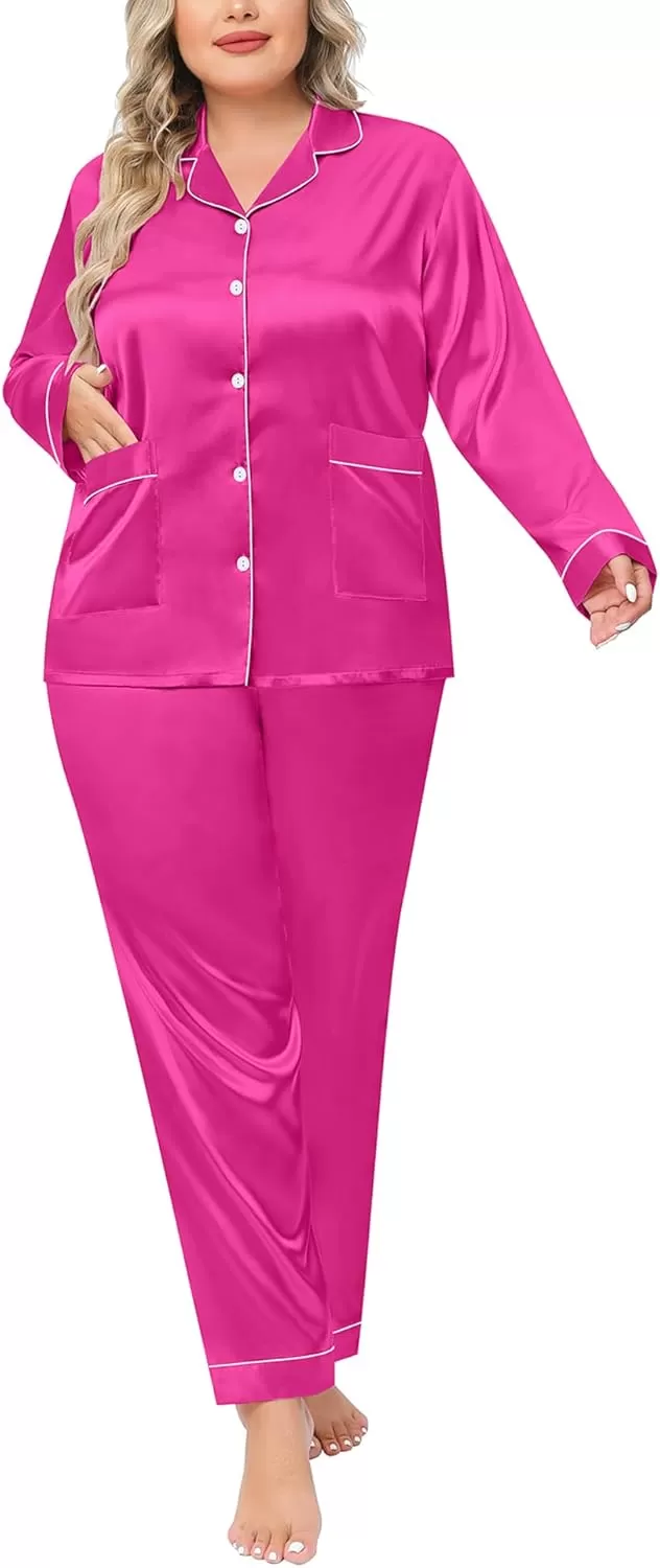 imageSWOMOG Women Plus Size Long Sleeve Pajamas Silk Satin Pajama Sets Button Down Sleepwear Pjs Loungewear with PocketsRose Red