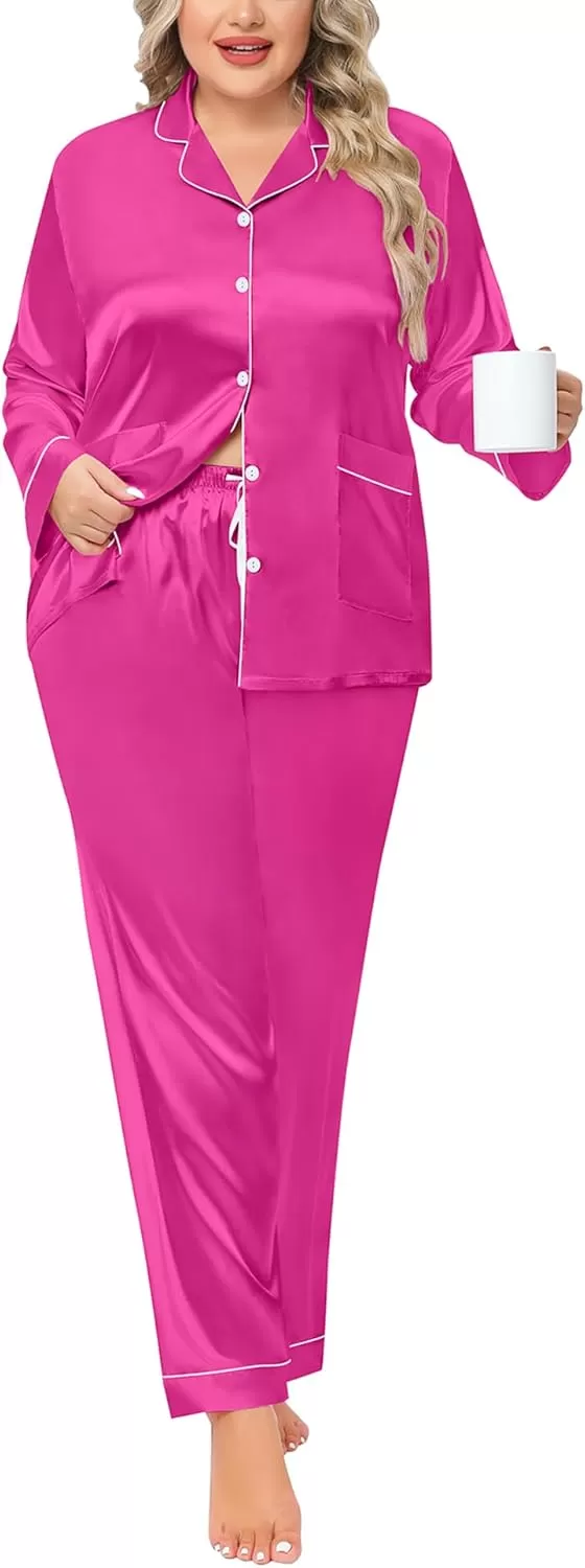 imageSWOMOG Women Plus Size Long Sleeve Pajamas Silk Satin Pajama Sets Button Down Sleepwear Pjs Loungewear with PocketsRose Red