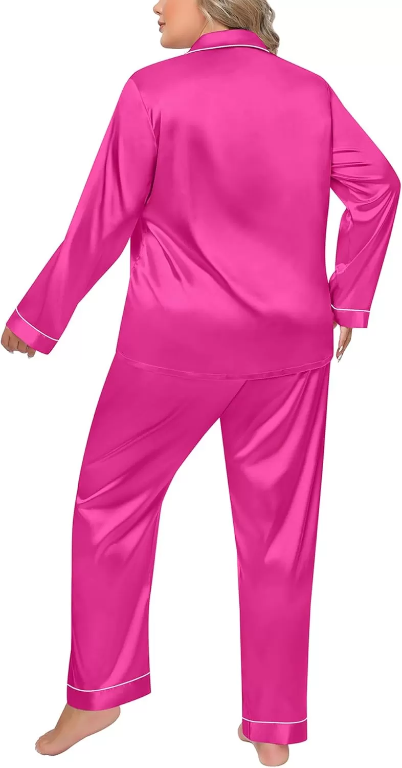 imageSWOMOG Women Plus Size Long Sleeve Pajamas Silk Satin Pajama Sets Button Down Sleepwear Pjs Loungewear with PocketsRose Red