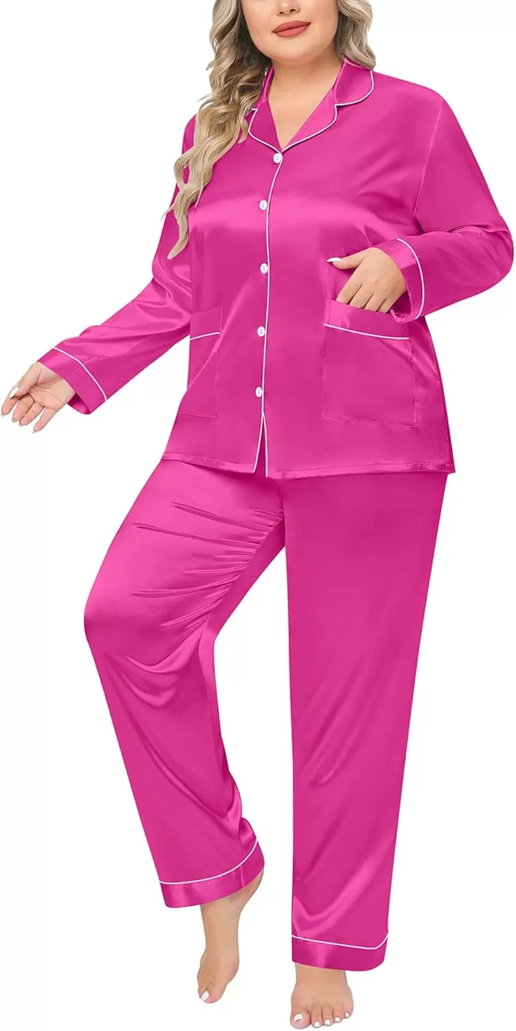 imageSWOMOG Women Plus Size Long Sleeve Pajamas Silk Satin Pajama Sets Button Down Sleepwear Pjs Loungewear with PocketsRose Red