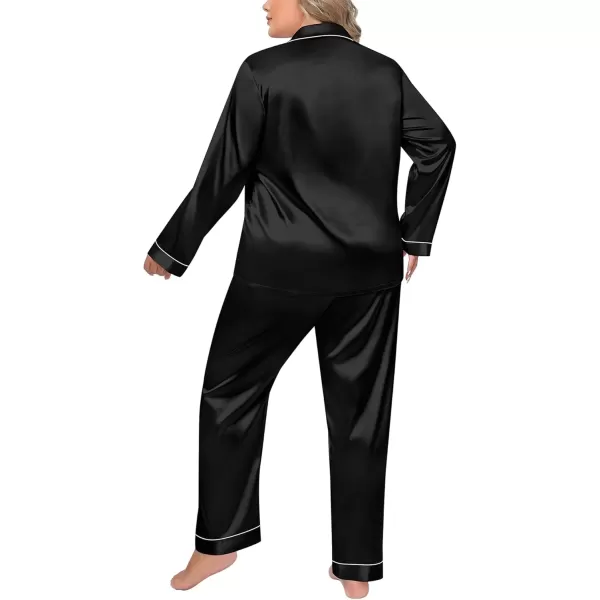 imageSWOMOG Women Plus Size Long Sleeve Pajamas Silk Satin Pajama Sets Button Down Sleepwear Pjs Loungewear with PocketsBlack