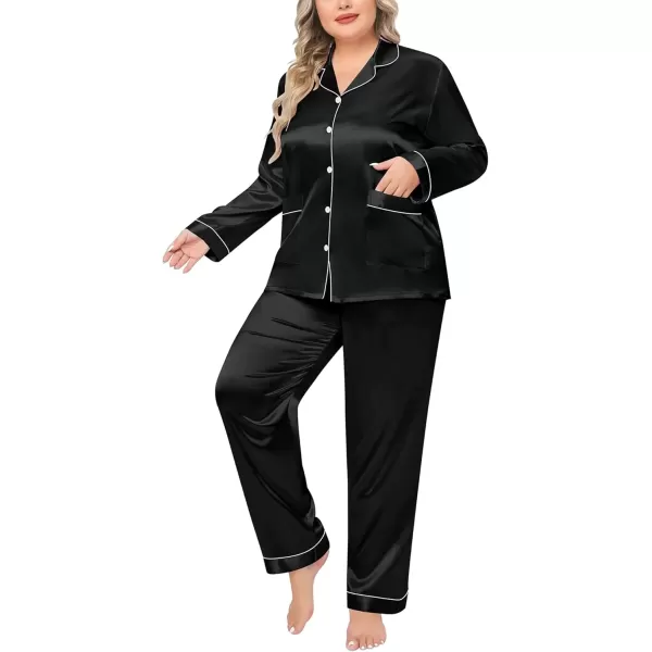 imageSWOMOG Women Plus Size Long Sleeve Pajamas Silk Satin Pajama Sets Button Down Sleepwear Pjs Loungewear with PocketsBlack