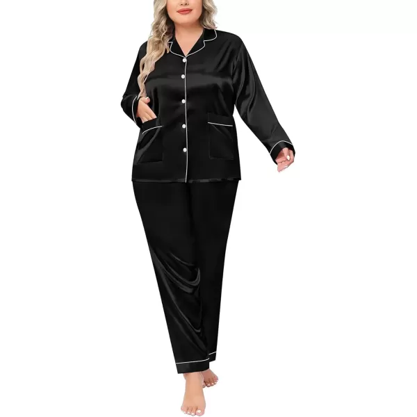 imageSWOMOG Women Plus Size Long Sleeve Pajamas Silk Satin Pajama Sets Button Down Sleepwear Pjs Loungewear with PocketsBlack