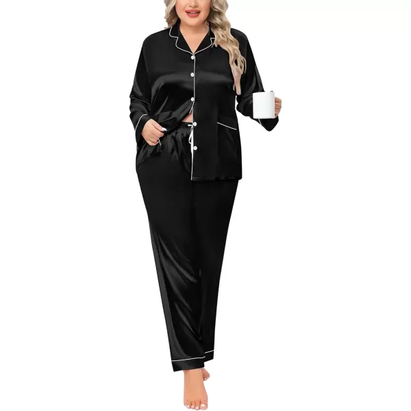 imageSWOMOG Women Plus Size Long Sleeve Pajamas Silk Satin Pajama Sets Button Down Sleepwear Pjs Loungewear with PocketsBlack