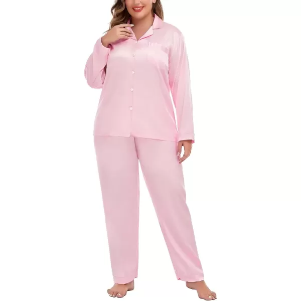 imageSWOMOG Women Plus Size Long Sleeve Pajamas Silk Satin Pajama Sets Button Down Sleepwear Pjs Loungewear with PocketsBlush