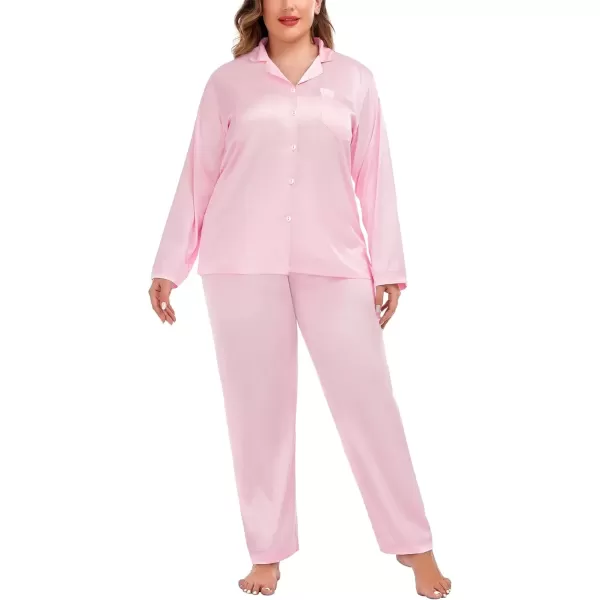 imageSWOMOG Women Plus Size Long Sleeve Pajamas Silk Satin Pajama Sets Button Down Sleepwear Pjs Loungewear with PocketsBlush