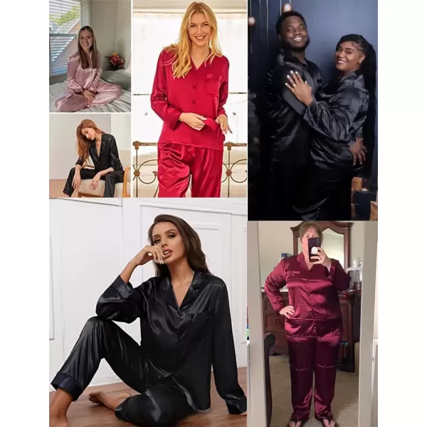 imageSWOMOG Women Plus Size Long Sleeve Pajamas Silk Satin Pajama Sets Button Down Sleepwear Pjs Loungewear with PocketsBlush