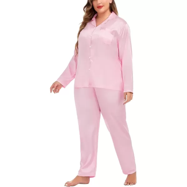 imageSWOMOG Women Plus Size Long Sleeve Pajamas Silk Satin Pajama Sets Button Down Sleepwear Pjs Loungewear with PocketsBlush