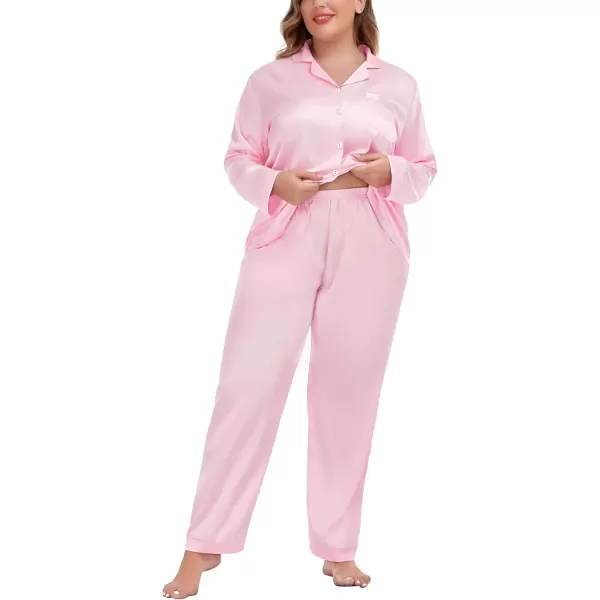 imageSWOMOG Women Plus Size Long Sleeve Pajamas Silk Satin Pajama Sets Button Down Sleepwear Pjs Loungewear with PocketsBlush