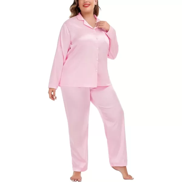 imageSWOMOG Women Plus Size Long Sleeve Pajamas Silk Satin Pajama Sets Button Down Sleepwear Pjs Loungewear with PocketsBlush
