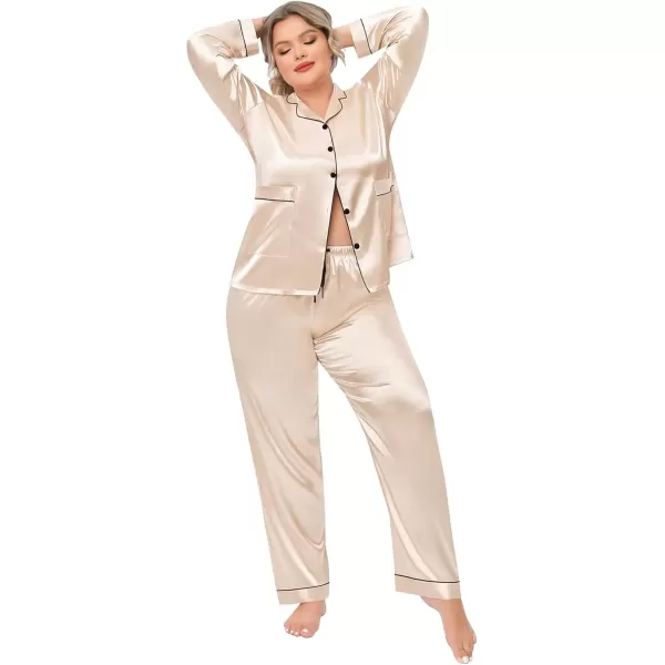 imageSWOMOG Women Plus Size Long Sleeve Pajamas Silk Satin Pajama Sets Button Down Sleepwear Pjs Loungewear with PocketsChampagne