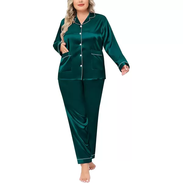 imageSWOMOG Women Plus Size Long Sleeve Pajamas Silk Satin Pajama Sets Button Down Sleepwear Pjs Loungewear with PocketsDeep Green
