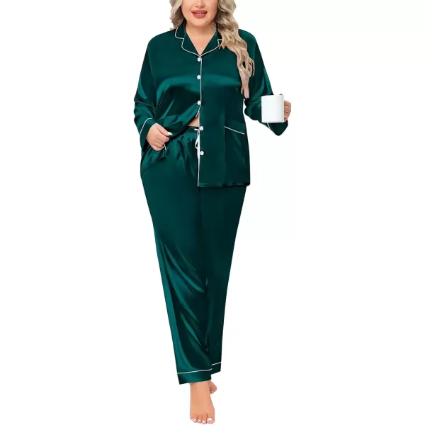 imageSWOMOG Women Plus Size Long Sleeve Pajamas Silk Satin Pajama Sets Button Down Sleepwear Pjs Loungewear with PocketsDeep Green