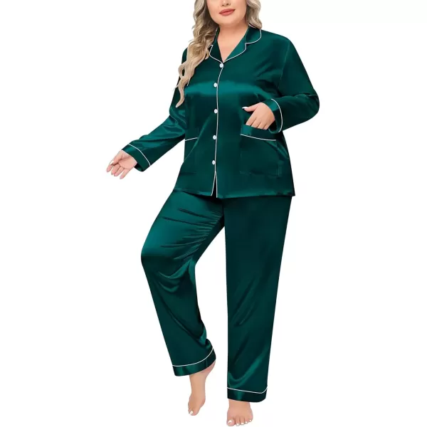 imageSWOMOG Women Plus Size Long Sleeve Pajamas Silk Satin Pajama Sets Button Down Sleepwear Pjs Loungewear with PocketsDeep Green