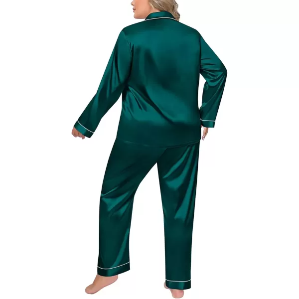 imageSWOMOG Women Plus Size Long Sleeve Pajamas Silk Satin Pajama Sets Button Down Sleepwear Pjs Loungewear with PocketsDeep Green
