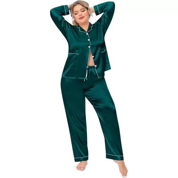 imageSWOMOG Women Plus Size Long Sleeve Pajamas Silk Satin Pajama Sets Button Down Sleepwear Pjs Loungewear with PocketsDeep Green