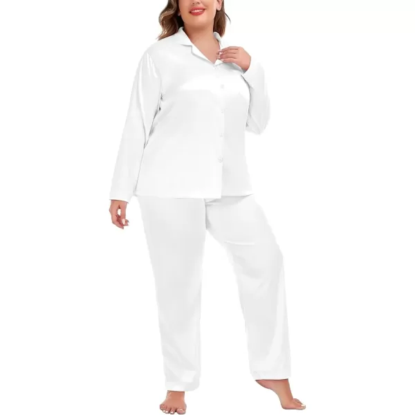 imageSWOMOG Women Plus Size Long Sleeve Pajamas Silk Satin Pajama Sets Button Down Sleepwear Pjs Loungewear with PocketsEggshell