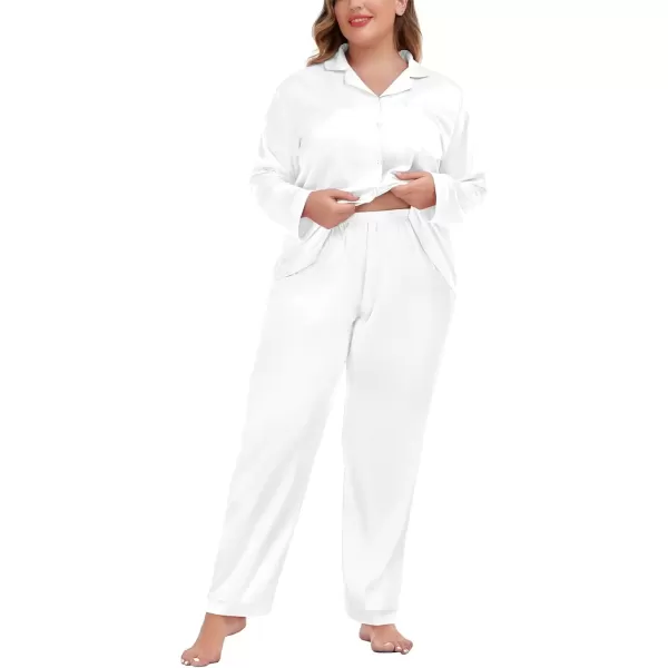 imageSWOMOG Women Plus Size Long Sleeve Pajamas Silk Satin Pajama Sets Button Down Sleepwear Pjs Loungewear with PocketsEggshell