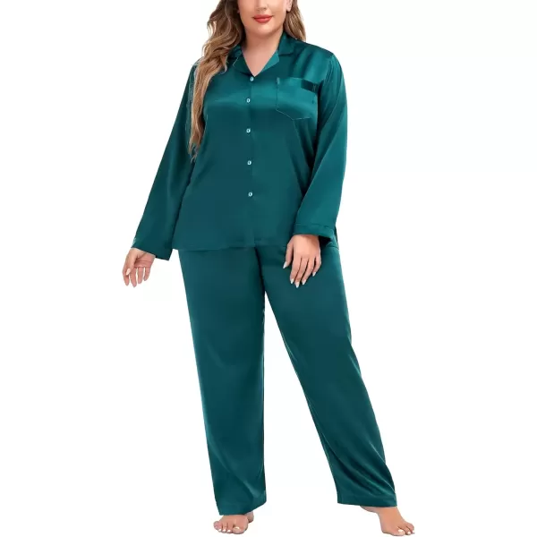 imageSWOMOG Women Plus Size Long Sleeve Pajamas Silk Satin Pajama Sets Button Down Sleepwear Pjs Loungewear with PocketsForest