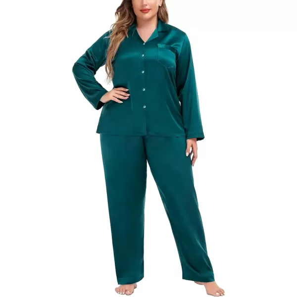 imageSWOMOG Women Plus Size Long Sleeve Pajamas Silk Satin Pajama Sets Button Down Sleepwear Pjs Loungewear with PocketsForest