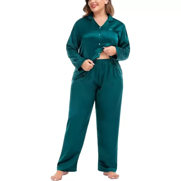 imageSWOMOG Women Plus Size Long Sleeve Pajamas Silk Satin Pajama Sets Button Down Sleepwear Pjs Loungewear with PocketsForest