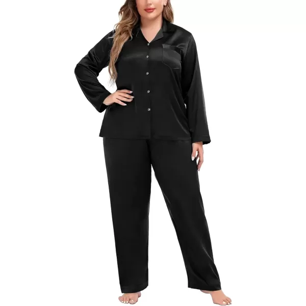 imageSWOMOG Women Plus Size Long Sleeve Pajamas Silk Satin Pajama Sets Button Down Sleepwear Pjs Loungewear with PocketsInk