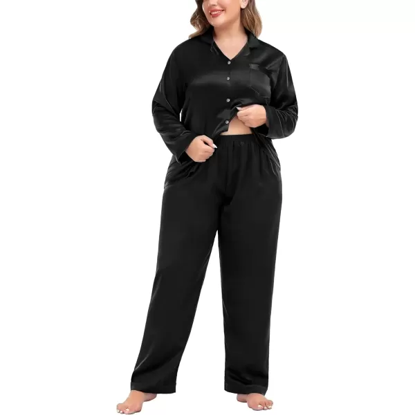 imageSWOMOG Women Plus Size Long Sleeve Pajamas Silk Satin Pajama Sets Button Down Sleepwear Pjs Loungewear with PocketsInk