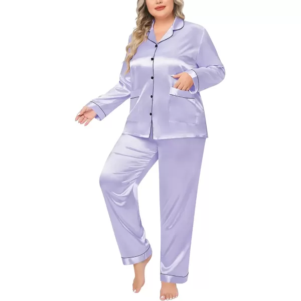 imageSWOMOG Women Plus Size Long Sleeve Pajamas Silk Satin Pajama Sets Button Down Sleepwear Pjs Loungewear with PocketsLavender