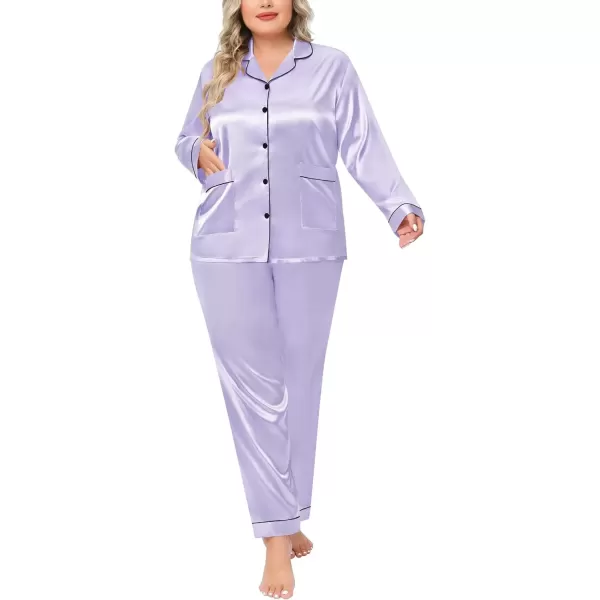 imageSWOMOG Women Plus Size Long Sleeve Pajamas Silk Satin Pajama Sets Button Down Sleepwear Pjs Loungewear with PocketsLavender