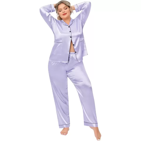 imageSWOMOG Women Plus Size Long Sleeve Pajamas Silk Satin Pajama Sets Button Down Sleepwear Pjs Loungewear with PocketsLavender