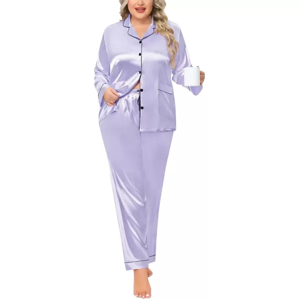 imageSWOMOG Women Plus Size Long Sleeve Pajamas Silk Satin Pajama Sets Button Down Sleepwear Pjs Loungewear with PocketsLavender