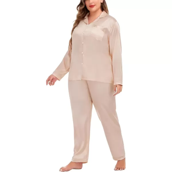 imageSWOMOG Women Plus Size Long Sleeve Pajamas Silk Satin Pajama Sets Button Down Sleepwear Pjs Loungewear with PocketsLight Yellow