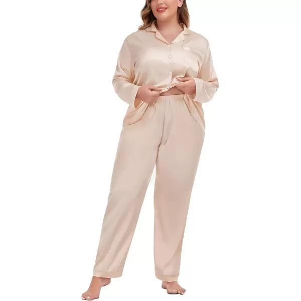 imageSWOMOG Women Plus Size Long Sleeve Pajamas Silk Satin Pajama Sets Button Down Sleepwear Pjs Loungewear with PocketsLight Yellow