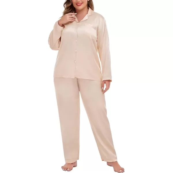 imageSWOMOG Women Plus Size Long Sleeve Pajamas Silk Satin Pajama Sets Button Down Sleepwear Pjs Loungewear with PocketsLight Yellow