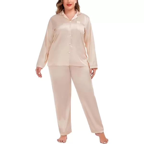 imageSWOMOG Women Plus Size Long Sleeve Pajamas Silk Satin Pajama Sets Button Down Sleepwear Pjs Loungewear with PocketsLight Yellow