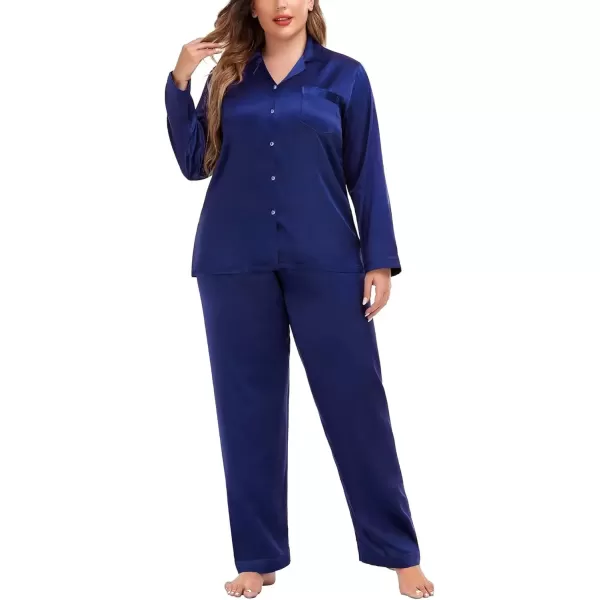 imageSWOMOG Women Plus Size Long Sleeve Pajamas Silk Satin Pajama Sets Button Down Sleepwear Pjs Loungewear with PocketsMidnight Blue
