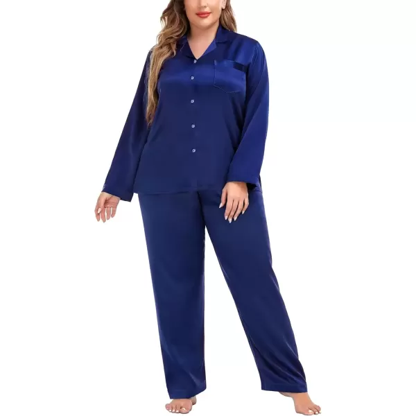 imageSWOMOG Women Plus Size Long Sleeve Pajamas Silk Satin Pajama Sets Button Down Sleepwear Pjs Loungewear with PocketsMidnight Blue