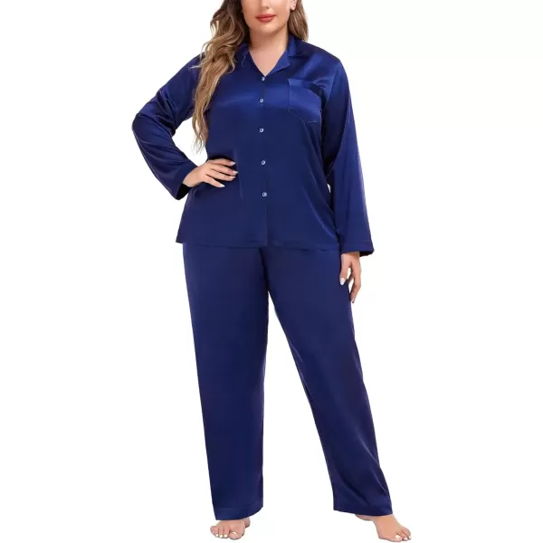 imageSWOMOG Women Plus Size Long Sleeve Pajamas Silk Satin Pajama Sets Button Down Sleepwear Pjs Loungewear with PocketsMidnight Blue