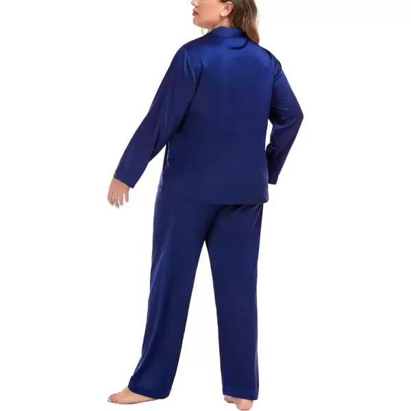 imageSWOMOG Women Plus Size Long Sleeve Pajamas Silk Satin Pajama Sets Button Down Sleepwear Pjs Loungewear with PocketsMidnight Blue