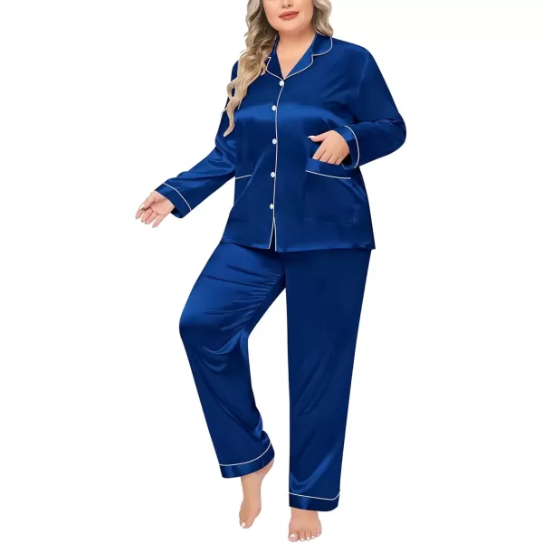 imageSWOMOG Women Plus Size Long Sleeve Pajamas Silk Satin Pajama Sets Button Down Sleepwear Pjs Loungewear with PocketsNavy Blue