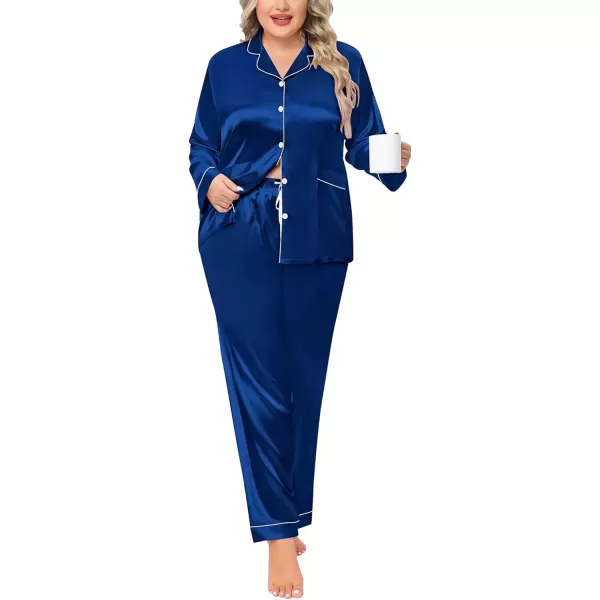 imageSWOMOG Women Plus Size Long Sleeve Pajamas Silk Satin Pajama Sets Button Down Sleepwear Pjs Loungewear with PocketsNavy Blue