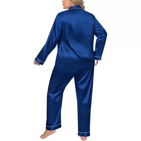 imageSWOMOG Women Plus Size Long Sleeve Pajamas Silk Satin Pajama Sets Button Down Sleepwear Pjs Loungewear with PocketsNavy Blue