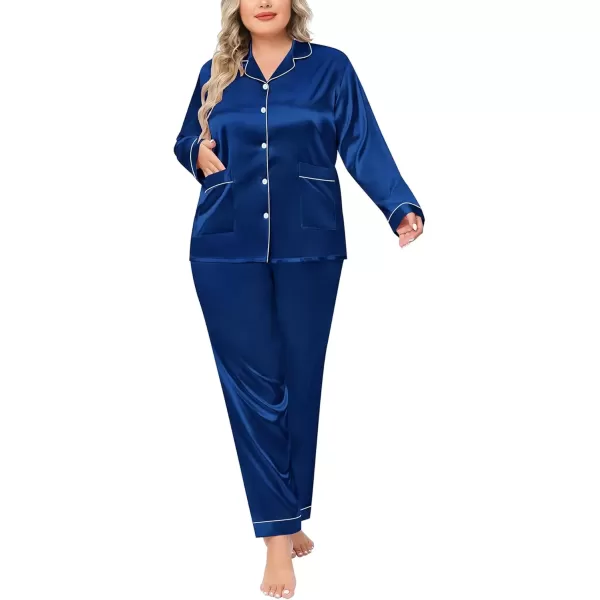 imageSWOMOG Women Plus Size Long Sleeve Pajamas Silk Satin Pajama Sets Button Down Sleepwear Pjs Loungewear with PocketsNavy Blue