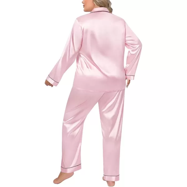 imageSWOMOG Women Plus Size Long Sleeve Pajamas Silk Satin Pajama Sets Button Down Sleepwear Pjs Loungewear with PocketsPink