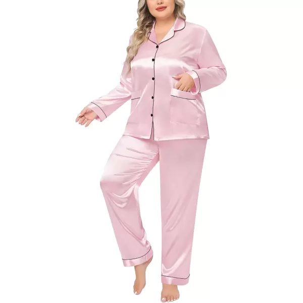 imageSWOMOG Women Plus Size Long Sleeve Pajamas Silk Satin Pajama Sets Button Down Sleepwear Pjs Loungewear with PocketsPink